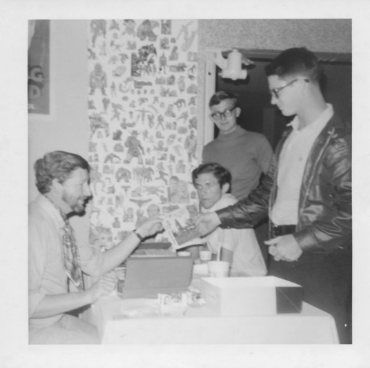 At the March 1970 Comic-Minicon, left to right: Ken Krueger, Dave Clark, Greg Bear, and unknown