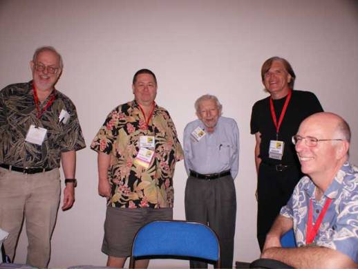 Some of the original Comic-Con gang at Comic-Con International 2009. Left to right: Greg Bear, Scott Shaw!, Ken Krueger, Bill Lund, and Mike Towry.
